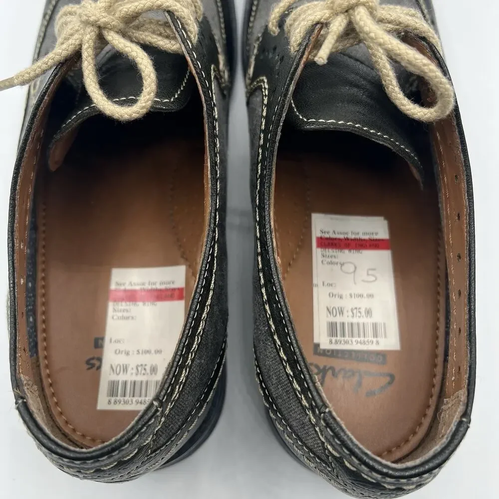 Clarks Delsin Wing Mens Wingtip Brogue Oxford Shoes Size 9.5 Black Leather Gray